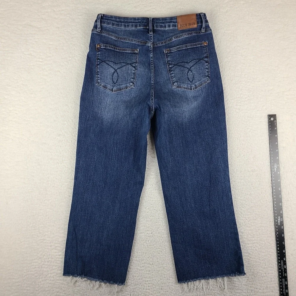 Judy Blue Jeans Womens 13/31 Blue Wide Leg Crop Fray Dark Wash Denim